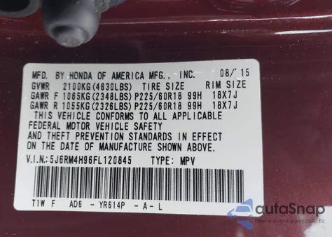 2015 Honda Cr-V Touring z USA, uszkodzony, nr VIN 5J6RM4H96FL120845